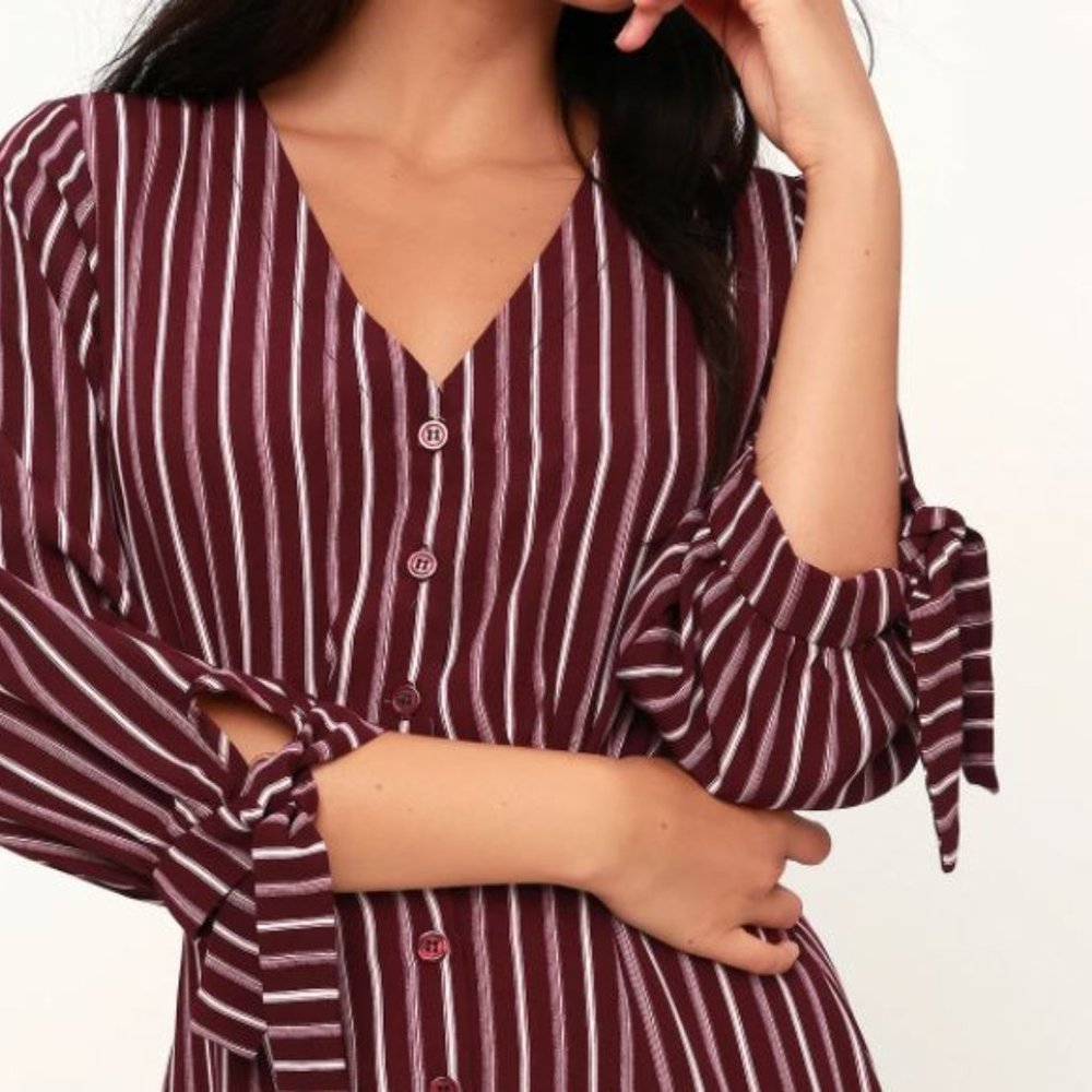 Lulu's Parisa Burgundy Stripe Button-Front Dress - Picture 5 of 11